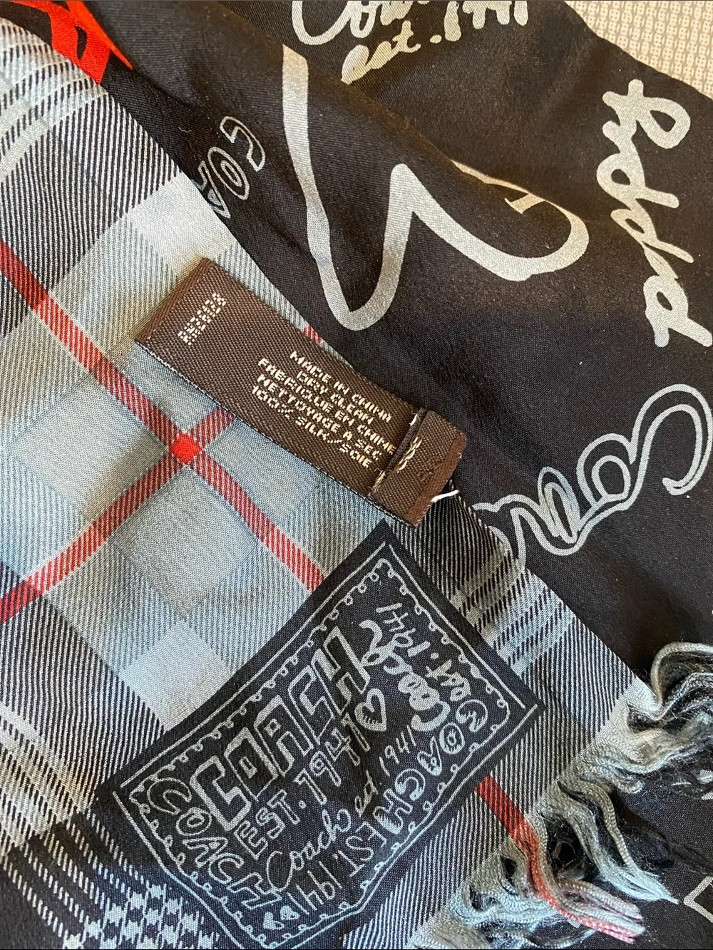 Coach Black Scarf with Red and White Poppy Graphics